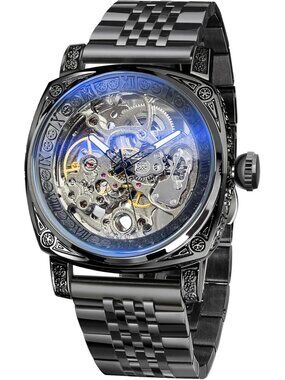 Men's Black Square Mechanical Stainless Steel Self-Wind Carved Automatic Watch